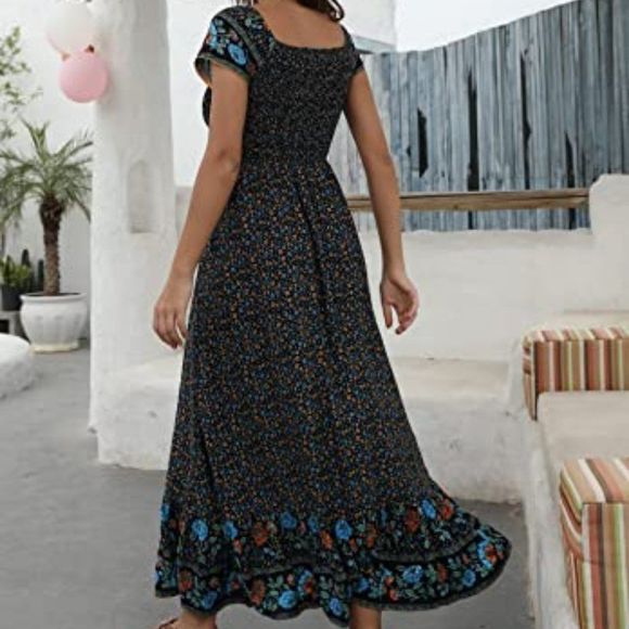 Women's Summer Floral Casual Short Sleeve Flowy Boho Beach Party Long Maxi Dress - Picture 4 of 5